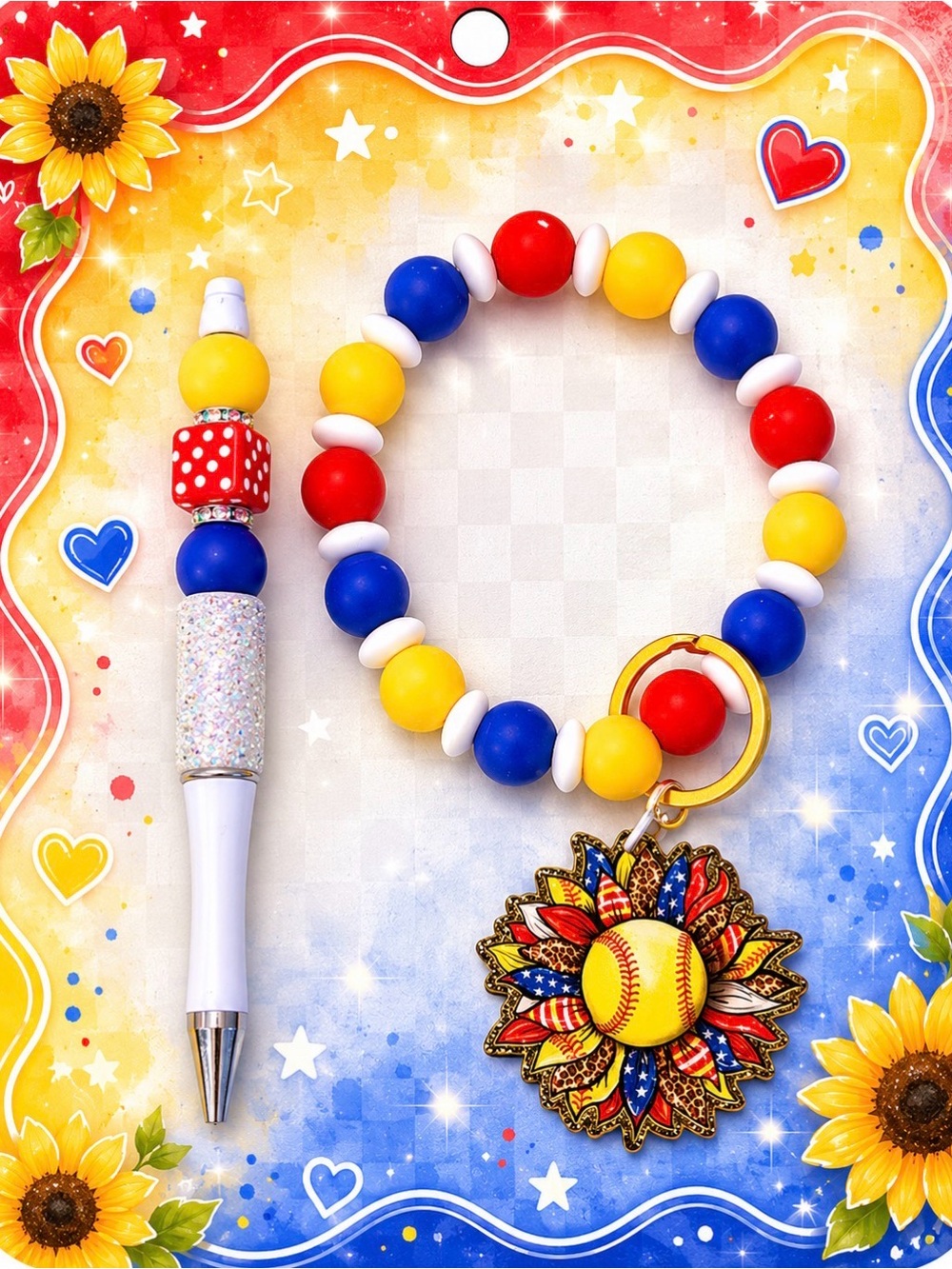 Patriotic handmade Soft Bead Keyring with Sunflower Softball Charm & Pen Set